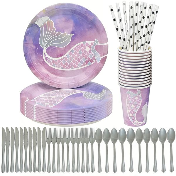 60 Pieces Mermaid Party Tableware Set Party Paper Tableware / Cutlery Set