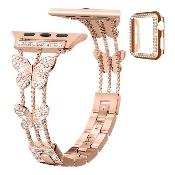 Rhinestone Butterfly 40mm Apple Compatible Watch Band With Protective Case - Rose Gold