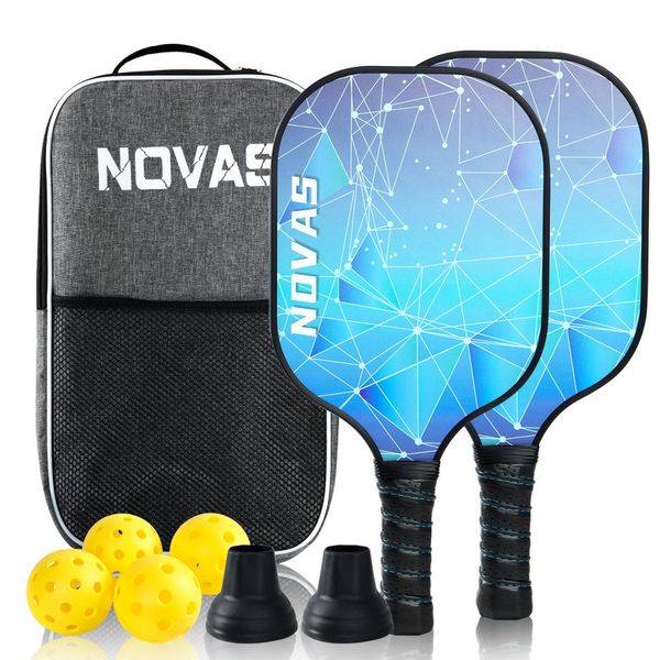 Pickleball Paddle Set of 2, Fiberglass Paddles with 4 Balls - Blue