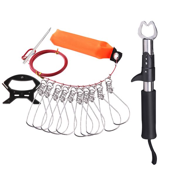 10 Ring Float Fishing String Locker with Fish Gripper Stainless Steel
