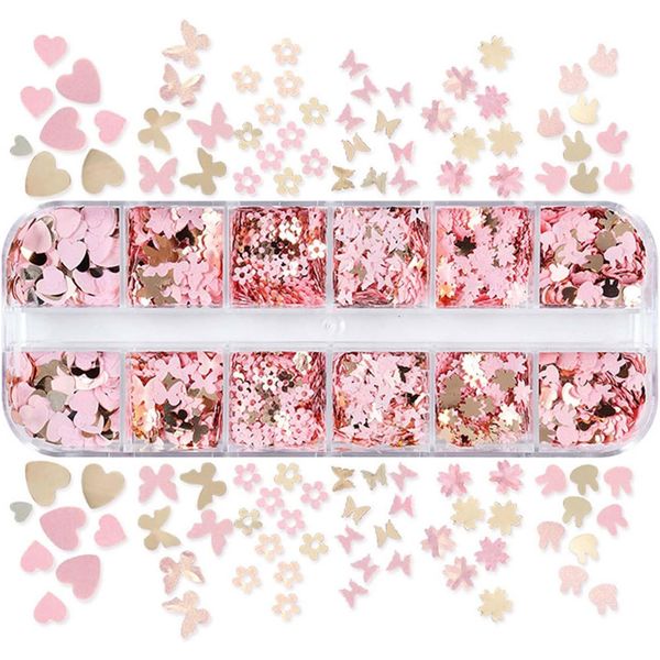 Heart Glitter Sequins Gold Pink Flower Butterfly Nail Art Accessory