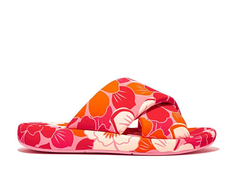 FitFlop iQushion D-Luxe Padded Flowerz Cross Slides Redberry Mix