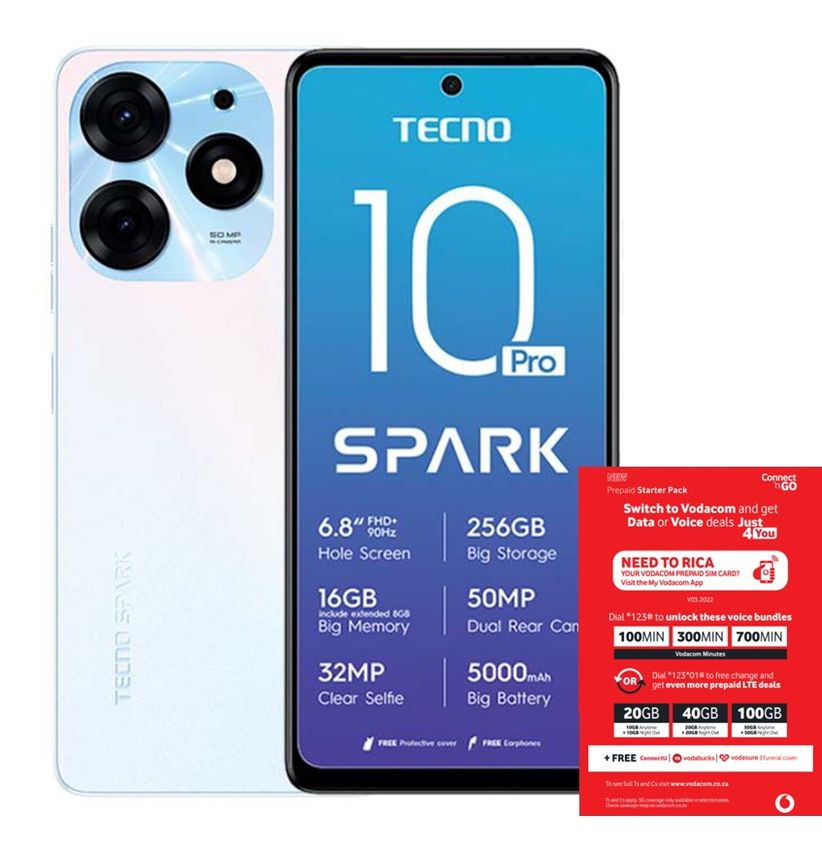 TECNO Spark 10 Pro 256GB Dual Sim - Pearl White + Vodacom SIM Card Pack