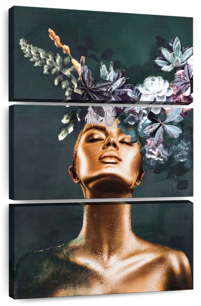 Canvas Art - Gold Couture Fashion Woman 3 Piece Canvas Wall Art Print Decor