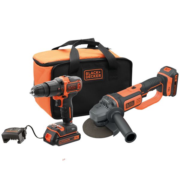 BLACK+DECKER 18V Cordless Hammer Drill + Angle Grinder +2 Batteries +BAG