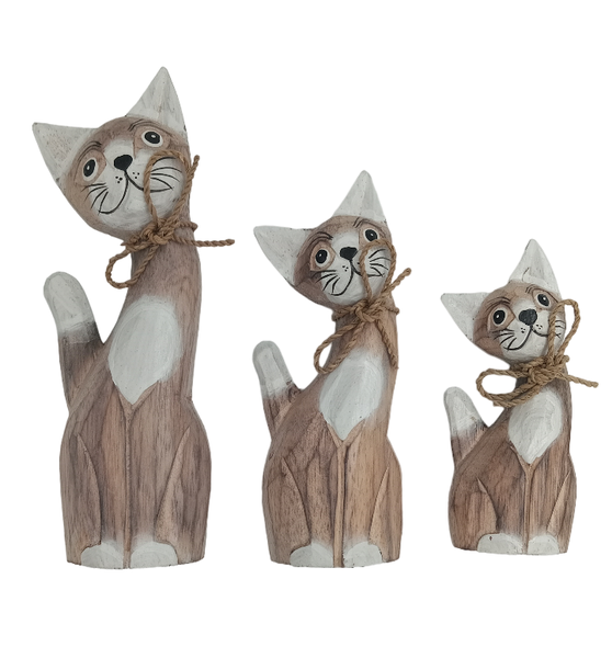 Cats Wooden Handcraft 25cm - Rope Neck - Set of 3