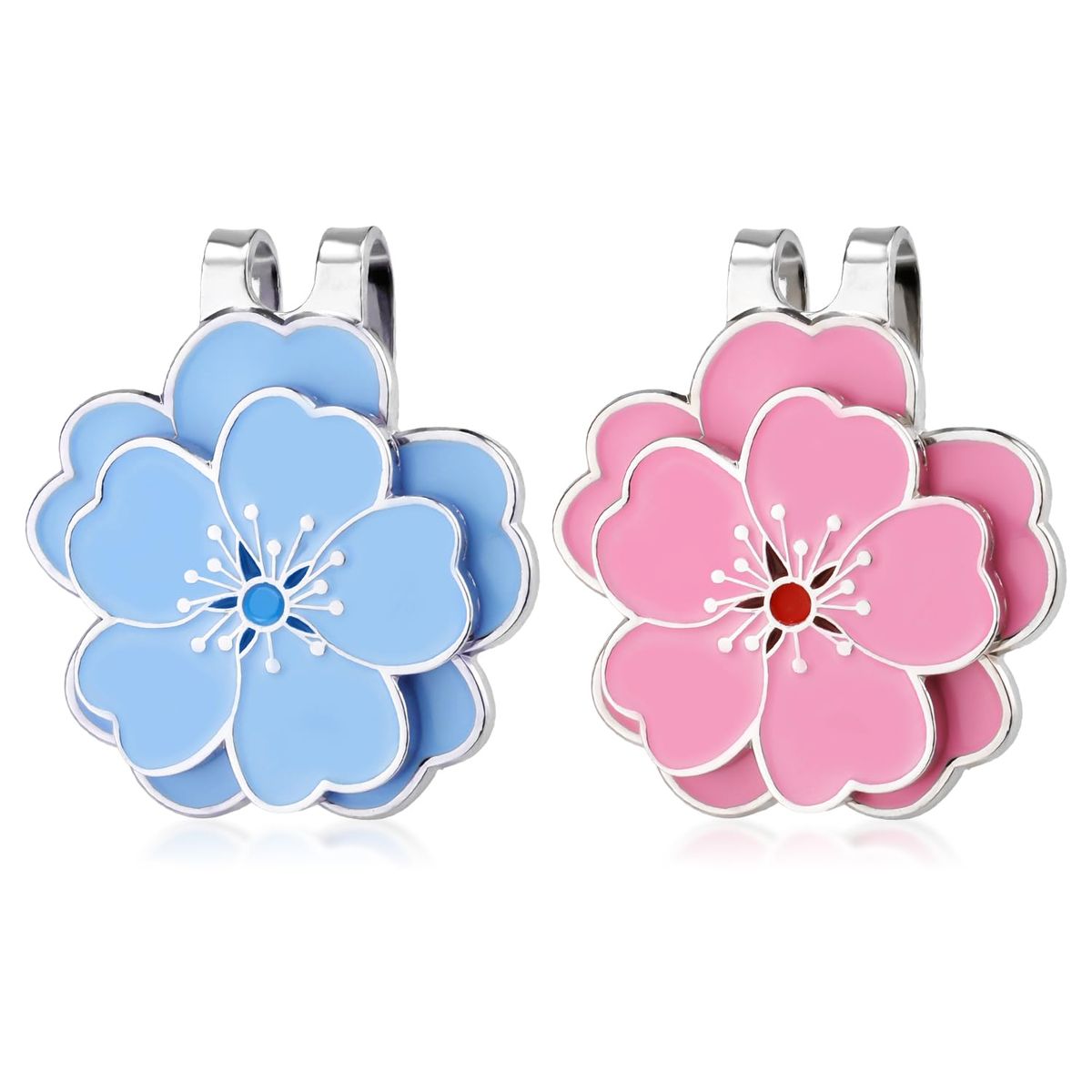 Magnetic Golf Ball Marker with Hat Clip Set, Flower Design, 2 Pcs-Pink,Blue