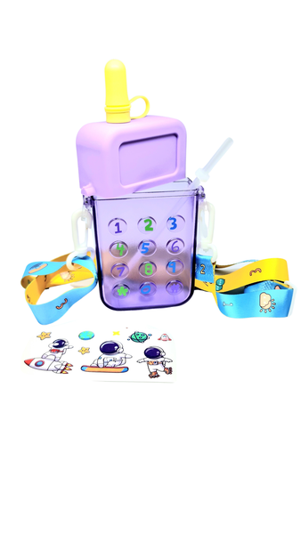Kids Neck Adjustable Phone Shape Water/Juice Straw Bottle With Stickers