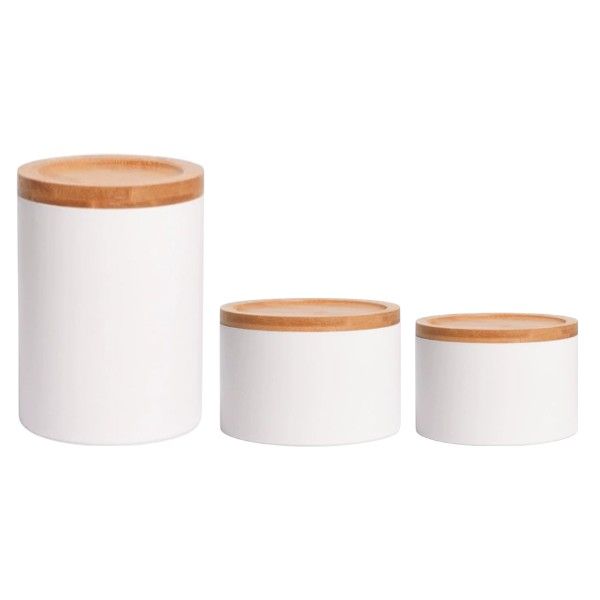 3 Pack Plastic Storage Jar Set with Bamboo Lid - White