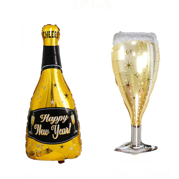2 Piece - New Year Champagne Bottle &amp; Glass Foil Balloon Set - Multicolor