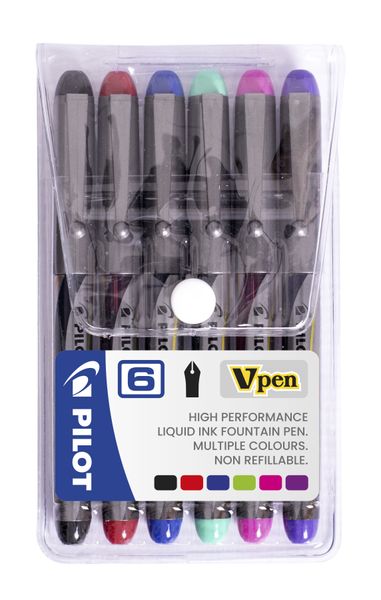 Pilot V Pen Medium Disposable Fountain Pen - Wallet of 6