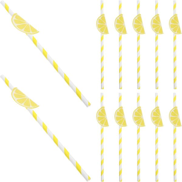 20pcs Lemon Paper Drinking Straws Striped Yellow Biodegradable Cocktail