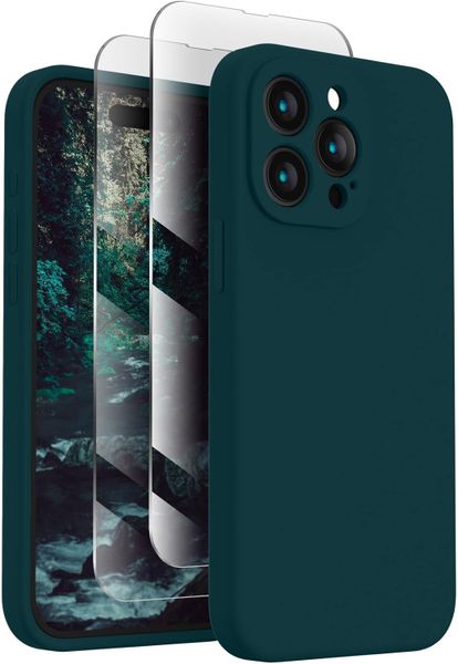 For iPhone 15 Pro Max Green Silicone Case and 2 Screen Protectors