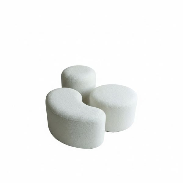 The Baxtons Ottoman Modern Round Bouclé Fabric Ribbed Footstool Set