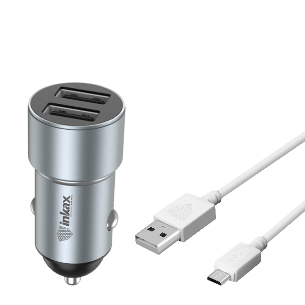 INKAX - CA-04 - Dual USB Car Charger With Micro Cable - Silver