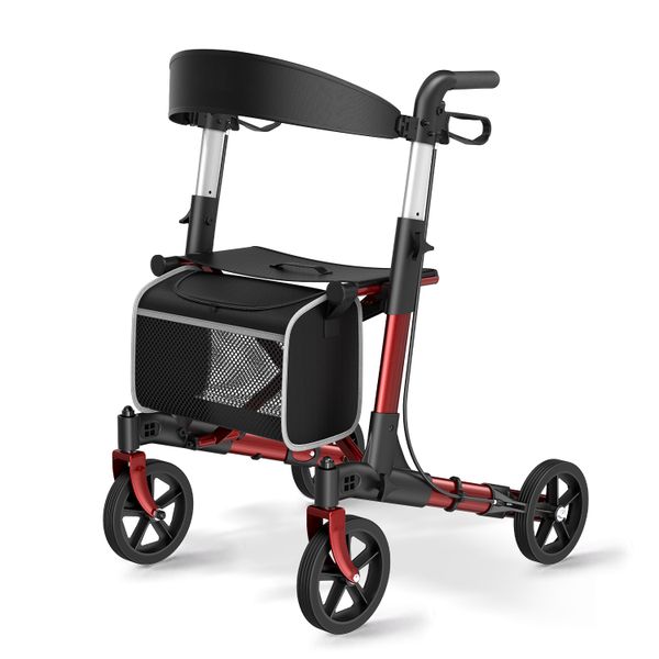 Adjustable Foldable 4-Wheel Rollator Walker - Red/Black Mobility Aid