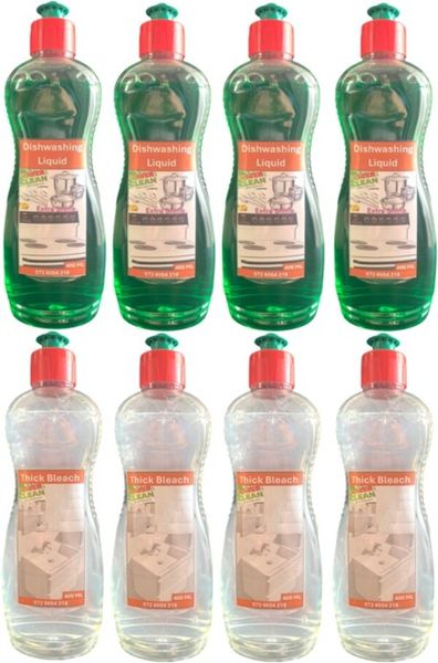 Dishwashing Liquid x 4 &amp; Thick Bleach x 4 of 400 ml - Power Clean