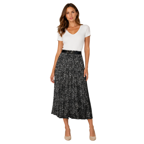 Ladies Speckle Print Pleated Skirt with Belt