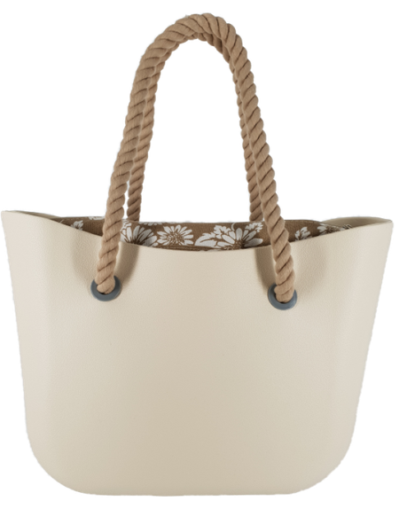 Eva Classic Handbag Beige, Canvas Flower Inner, Rope Handle