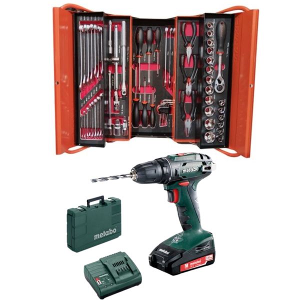 Fixman - 62 Pce Mechanic Tool Box &amp; Metabo Cordless Drill/Screwdriver BS18