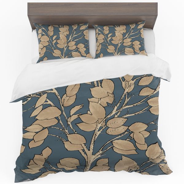 Brown Leaves on Blue Duvet Cover Set