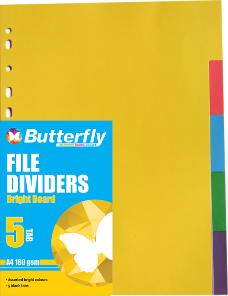 Butterfly A4 File Dividers Bright Board - 5 Tab (Pack Of 10)