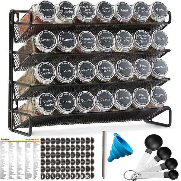 Spice Rack Organizer with 28 Empty Jars Funnel Measuring Spoon Spice Label