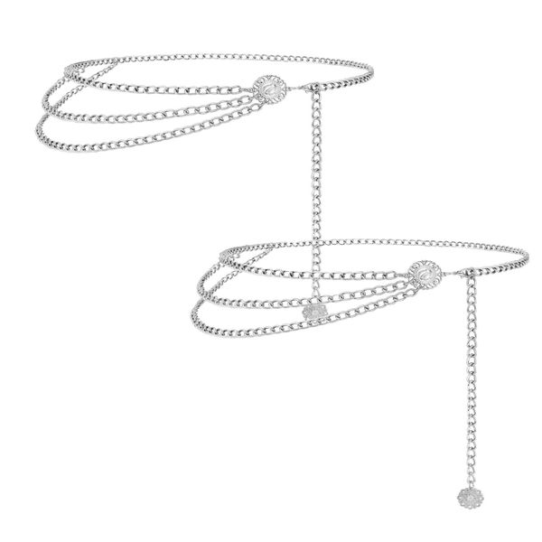2 Pack Silver Chain Belt for Women Multilayer Metal Waist Chain Belts
