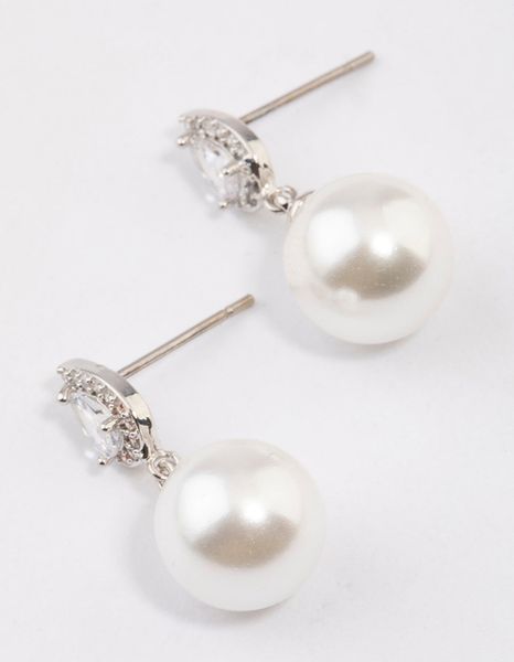 Rhodium Diamante Pear &amp; Pearl Drop Earrings