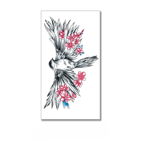 Tattoo - Waterproof High Quality Skin Safe - Flying Bird with Flowers - XQB-315 Image