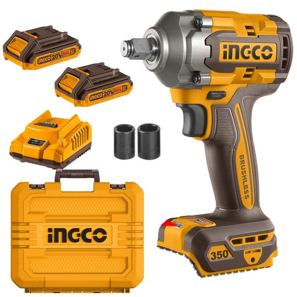 Ingco - Cordless Impact Wrench (350Nm) with 2 x 2Ah Batteries &amp; Charger
