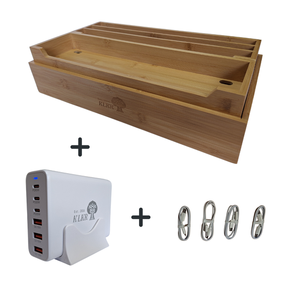 KLKR - Large Bamboo Charging Station + Multiport Fast Charger +4 USB Cables