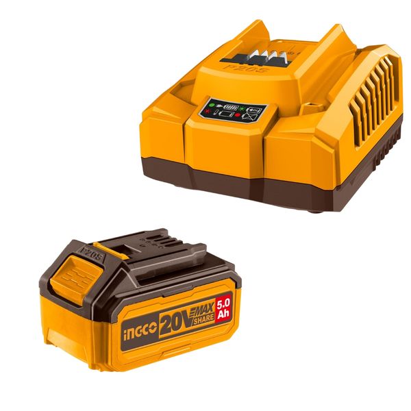 Ingco - Fast Intelligent Battery Charger &amp; (5.0Ah) Battery (20V)