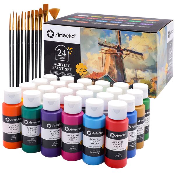 Artecho 24 Colours Acrylic Paint Set &amp; 10pc Paint Brush Set - 59ml Bottles
