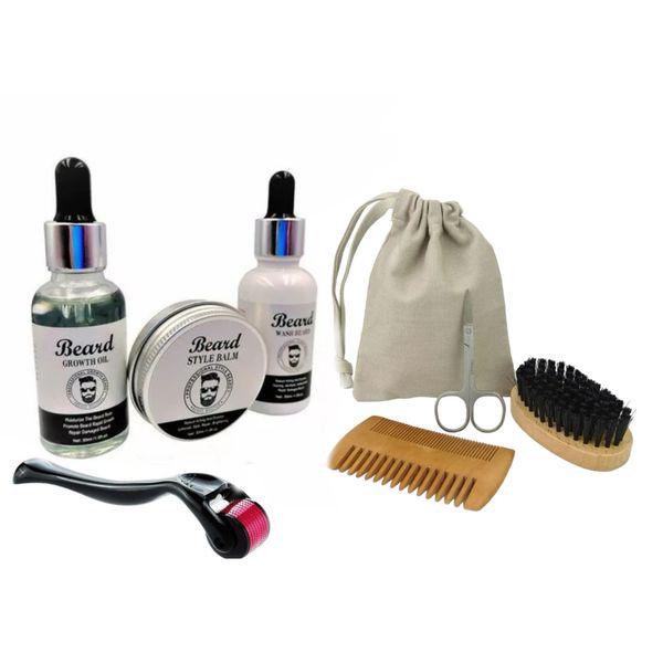 Beard Wash, Beard Oil, Balm, Derma Roller, Brush, Bag, Scissors &amp; Comb