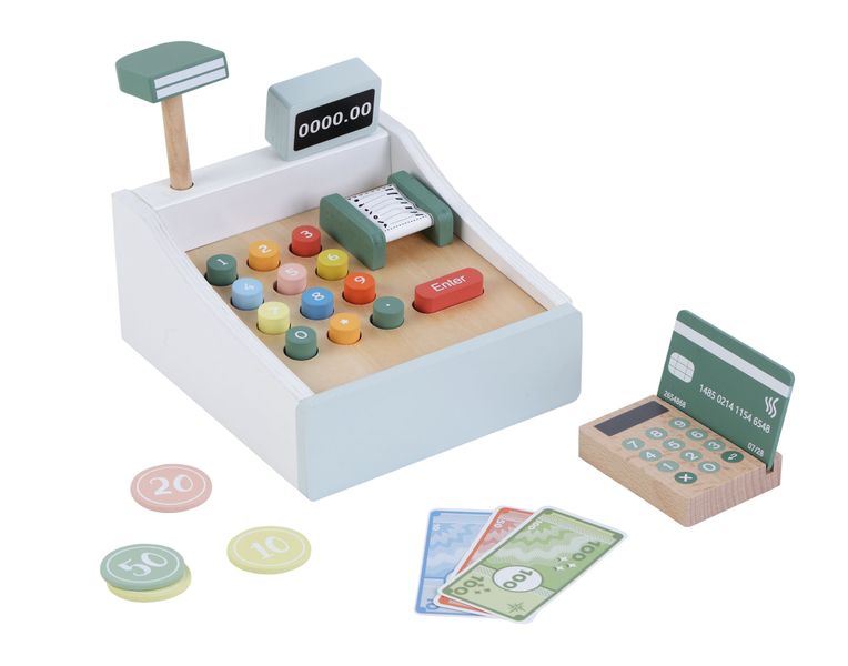 Wooden Educational Toy Cash Register with Money &amp; Credit Card