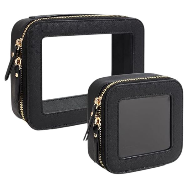 2 Piece Transparent PU Cosmetic Bag Set - Black
