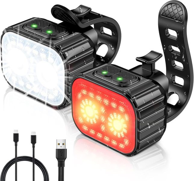 Rechargeable Bike Lights Set, Super Bright Front &amp; Rear, IPX6 Waterproof
