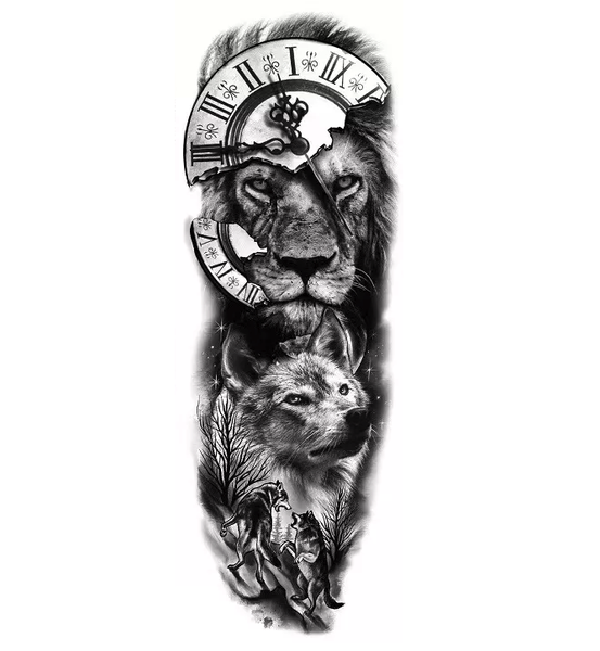 POU Full Arm Temporary Tattoo Sleeve - The Wolf and the Lion