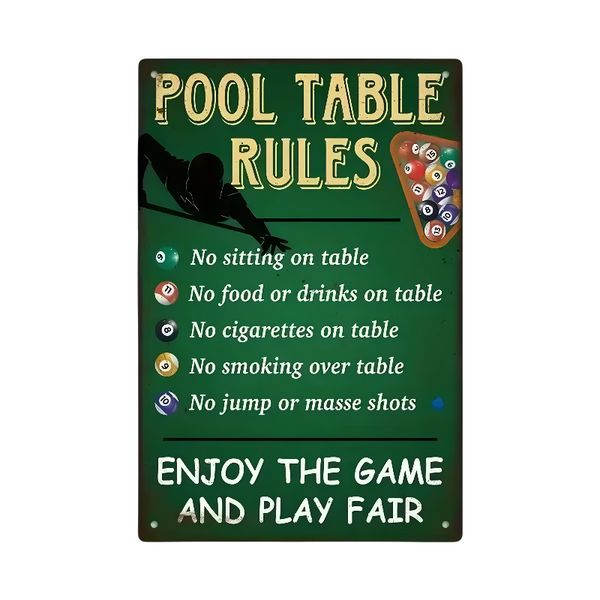 Fun Pool Table Rules Metal Sign - No Sitting, Food, Drinks, or Smoking
