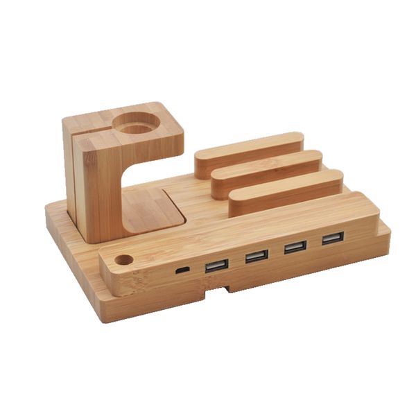 3 in 1 Bamboo Charging Holder Station with 4 USB Ports for Multi Devices