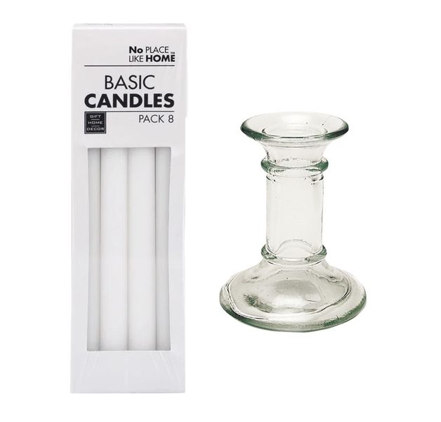 Candle Holder Glass 13cm Clear + 8pc White Candles 22.5cm