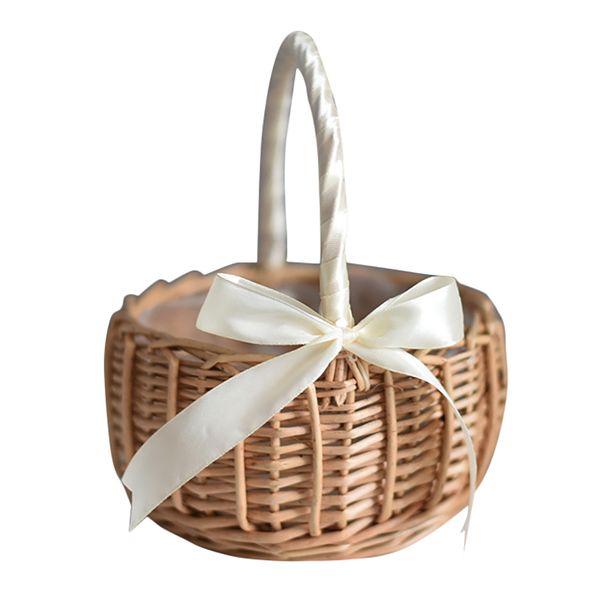 Wicker Woven Flower Basket, with Handle And White Ribbon, Wedding(L)