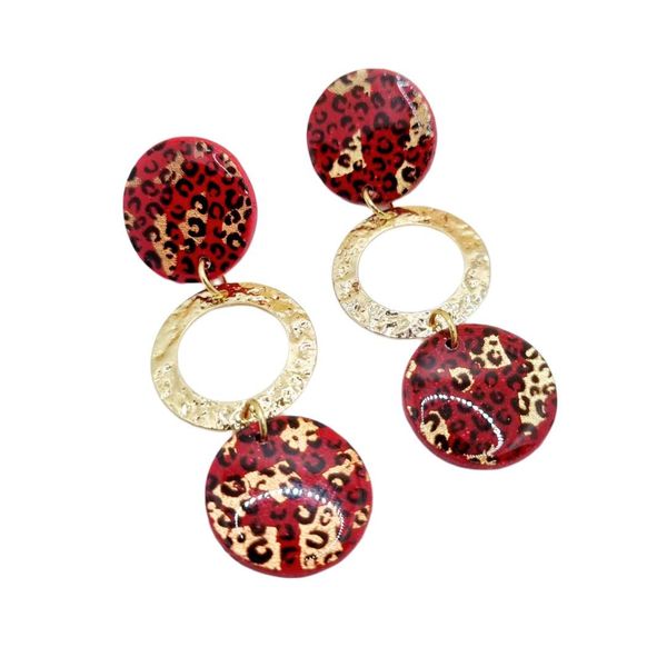 Blommie's Clay Earrings Red Leopard Print with Gold Circle