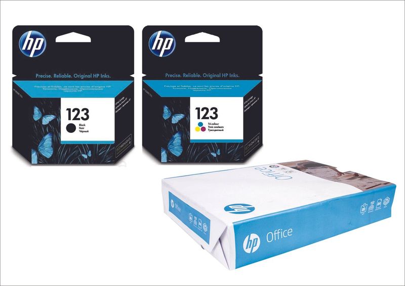 HP 123 Black &amp; Color Ink and Paper Bundle