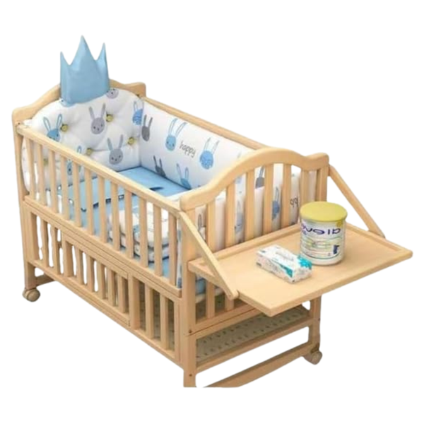 3-in-1 Pine Wood Baby Cot &amp; Rocking Cradle with Mosquito Net - Natural