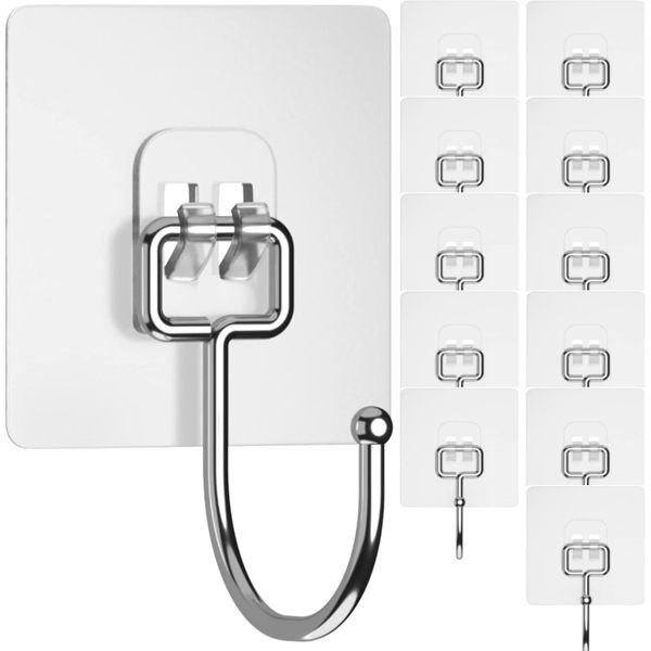 12pcs Adhesive Large Wall Hooks for Hanging Heavy Duty 22 lbs Hook for Wall