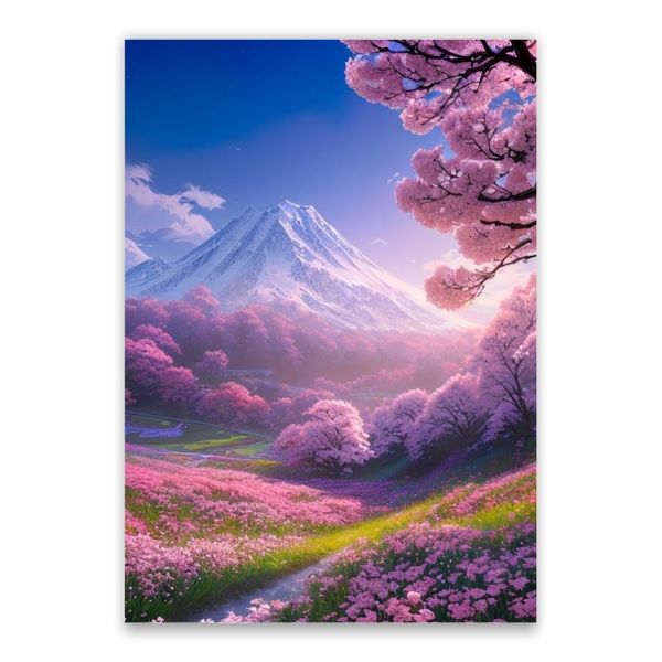 Pink Flowers Mountain Background Poster - A1