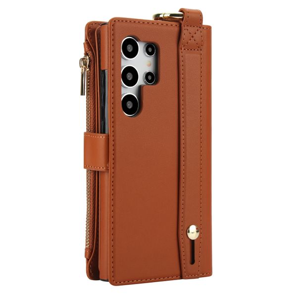 Leather Crossbody Wrist Strap Phone Case Compatible with Samsung S22 Ultra