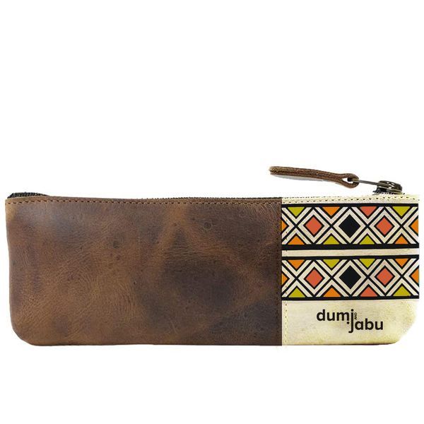 Genuine Leather Ndebele Inspired Pencil Bag | Orange squares